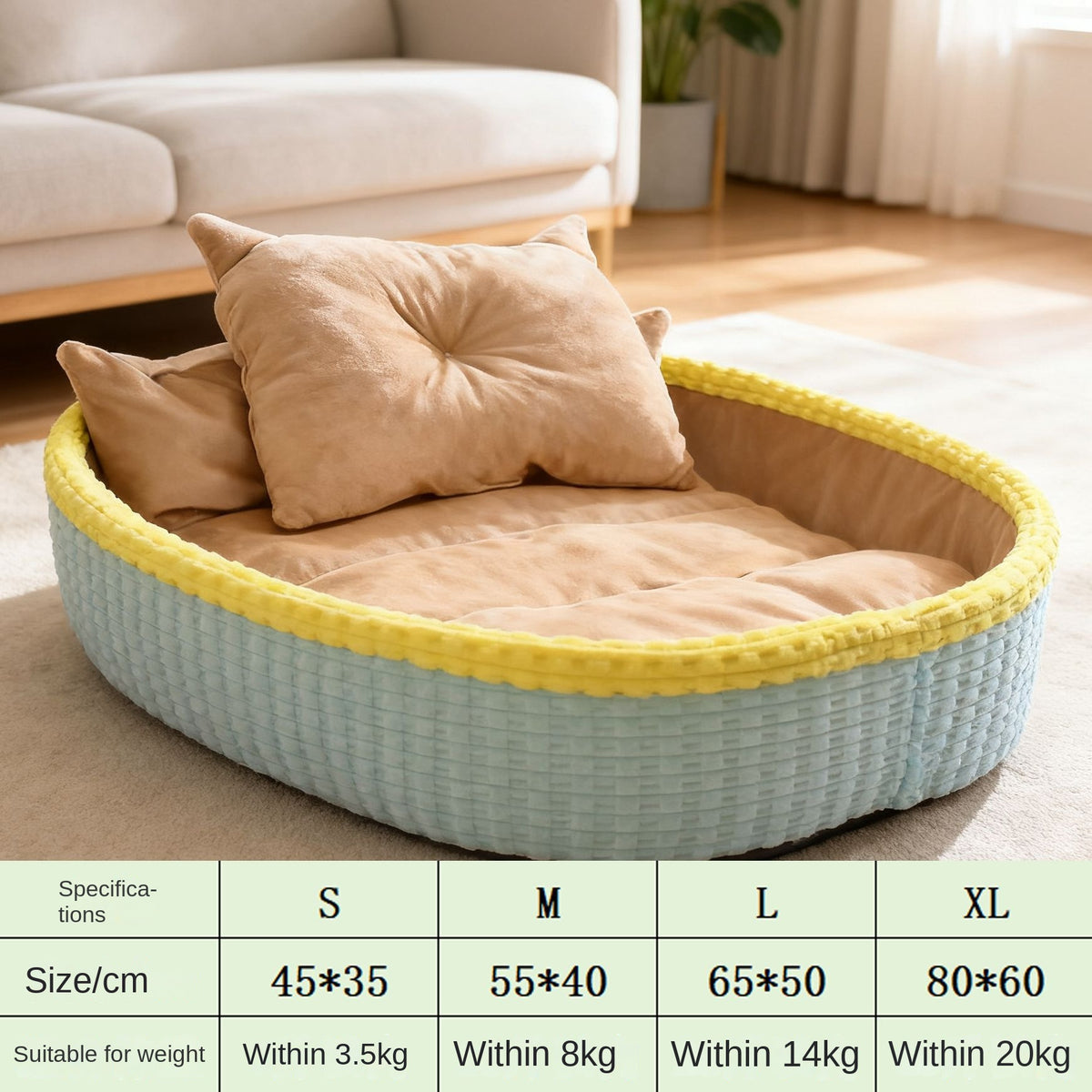 eprolo round dog house bed; half-enclosed pet bed in light-blue basket with yellow rim and beige cushions