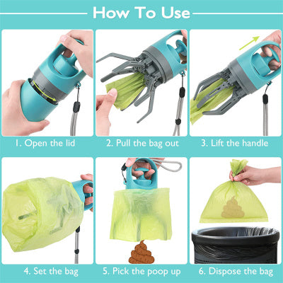 Portable lightweight pooper scooper with built-in bag dispenser by eprolo in teal; six-step usage guide