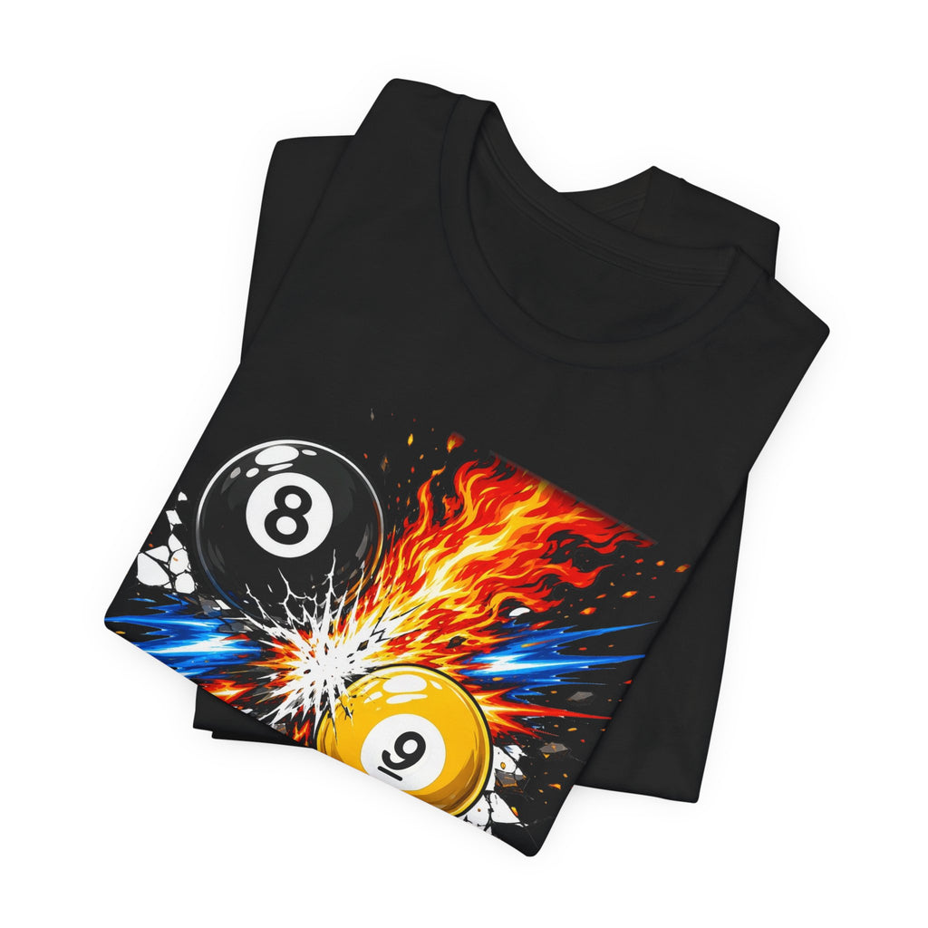 8 Ball vs 9 Ball Smash Tee, Fire and Lightning Billiards Shirt | Spoiled Pet Luxe