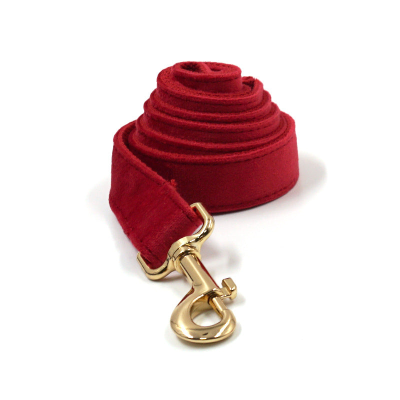 Red Velvet Christmas Dog Collar with Gold Buckle, Leash & Bow Set