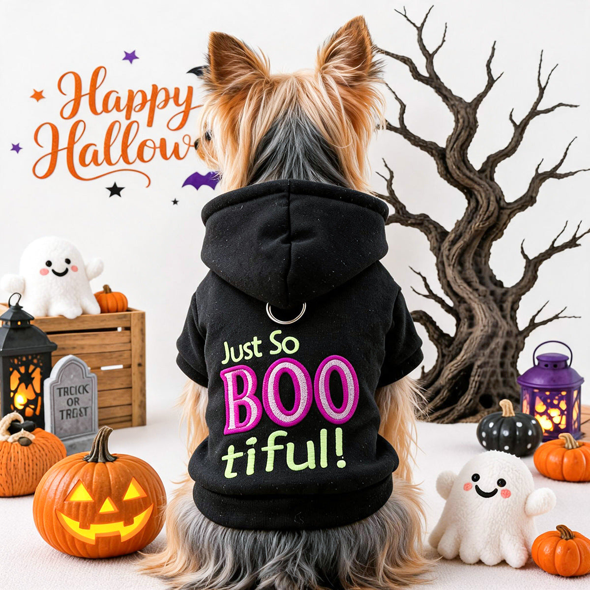 Pet hoodie for small dogs and cats in black with Just So BOO tiful! text for Halloween style.