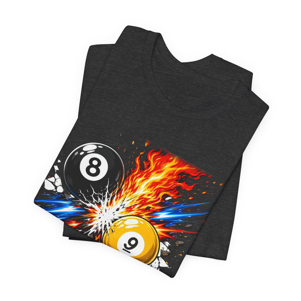 8 Ball vs 9 Ball Smash Tee, Fire and Lightning Billiards Shirt | Spoiled Pet Luxe