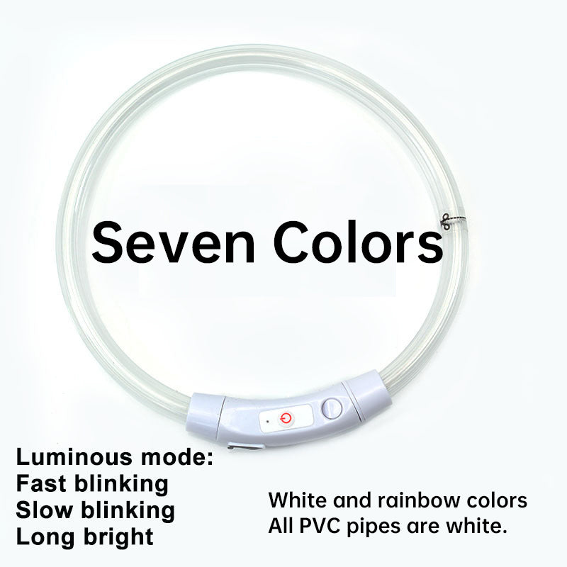 LED dog collar necklace, 3 modes, USB rechargeable, detachable, white PVC tubing with rainbow colors