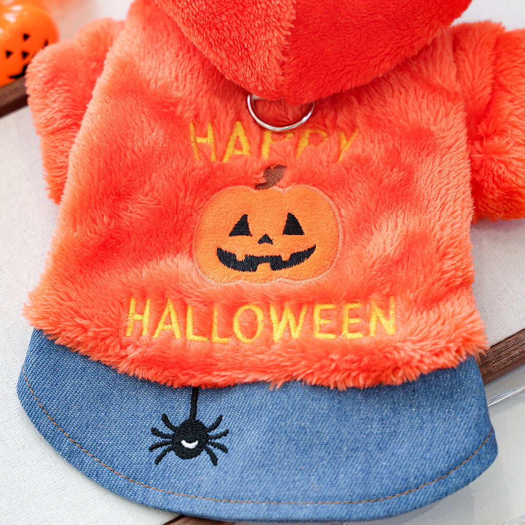 eprolo Halloween pumpkin hoodie for small pets, orange plush with pumpkin embroidery and HALLOWEEN lettering