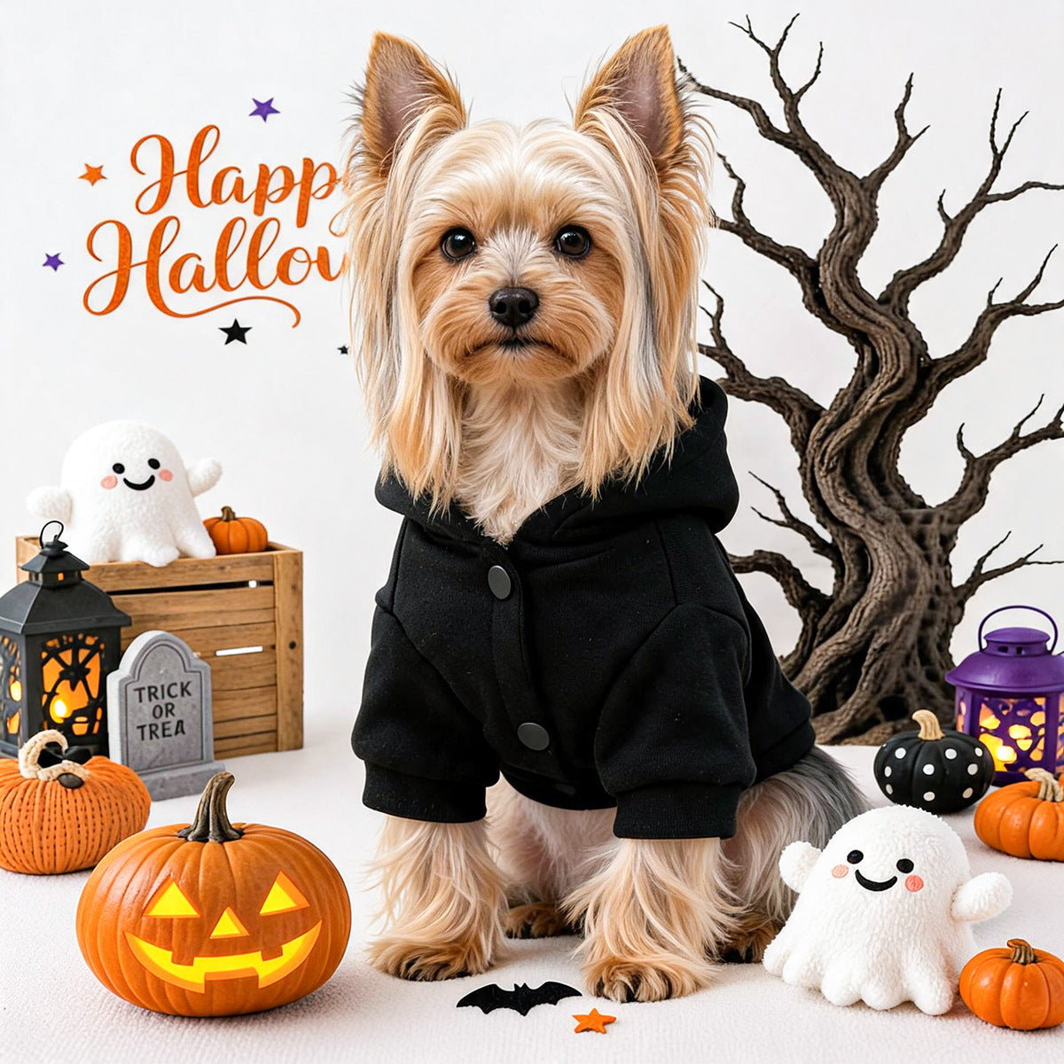 Halloween hoodie for small dogs and cats by eprolo; black hoodie with snap buttons.