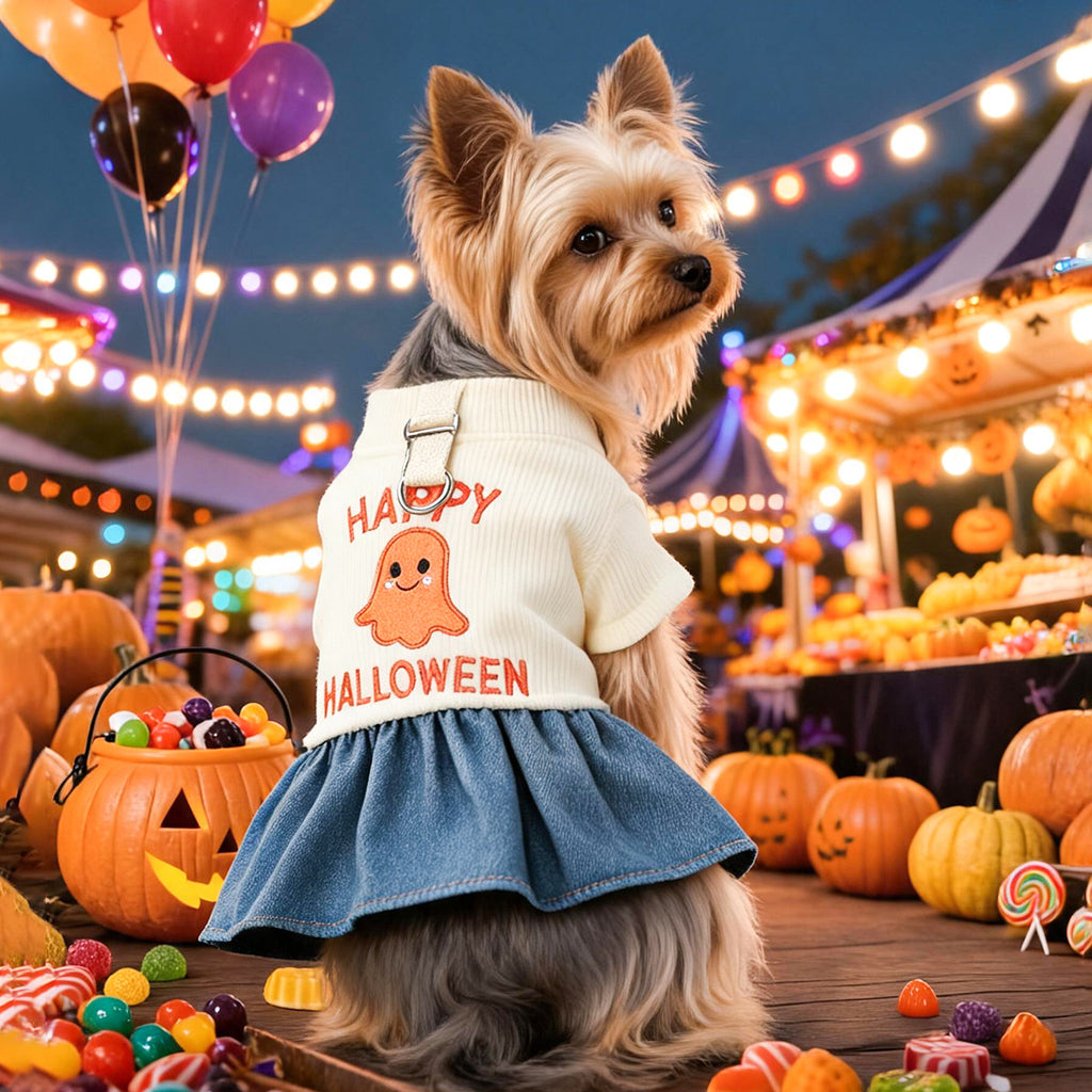 Pet ghost dress by eprolo for small dogs and cats, cream knit top with ghost graphic and blue denim skirt.