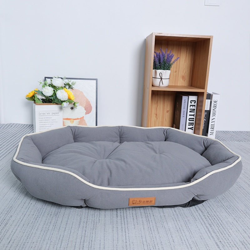 Dog bed by eprolo for medium/large dogs, grey fabric with cream piping