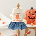 Pet Halloween ghost dress for small dogs and cats, white knit top with orange ghost and blue denim skirt.