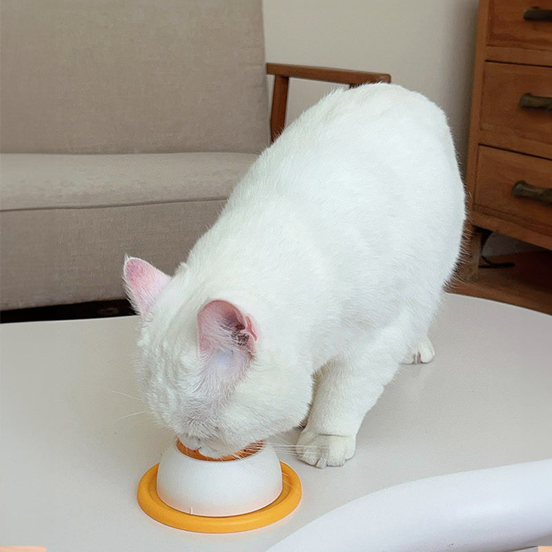 Slow Feeder Lick Mat for dogs and cats; white cat licking an orange-rimmed white bowl on a table