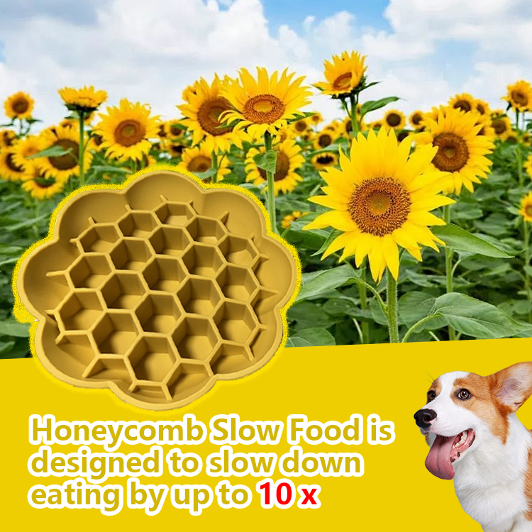 eprolo dog slow-feeder bowl, yellow honeycomb silicone design; corgi and sunflowers in view