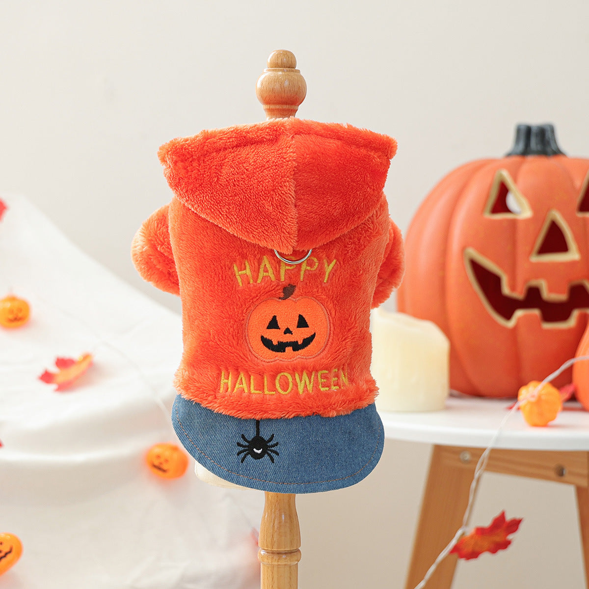 Pet hoodie: orange plush Halloween pumpkin hoodie for small dogs and cats with hood and blue denim hem.