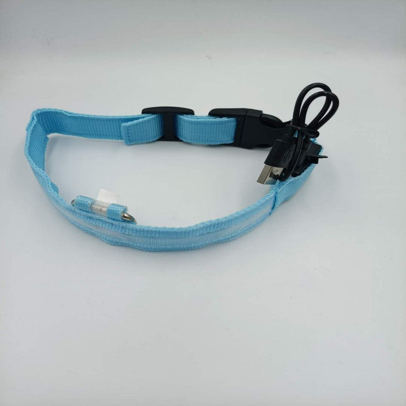 LED dog collar blue mesh with buckle, USB rechargeable glow collar for pets