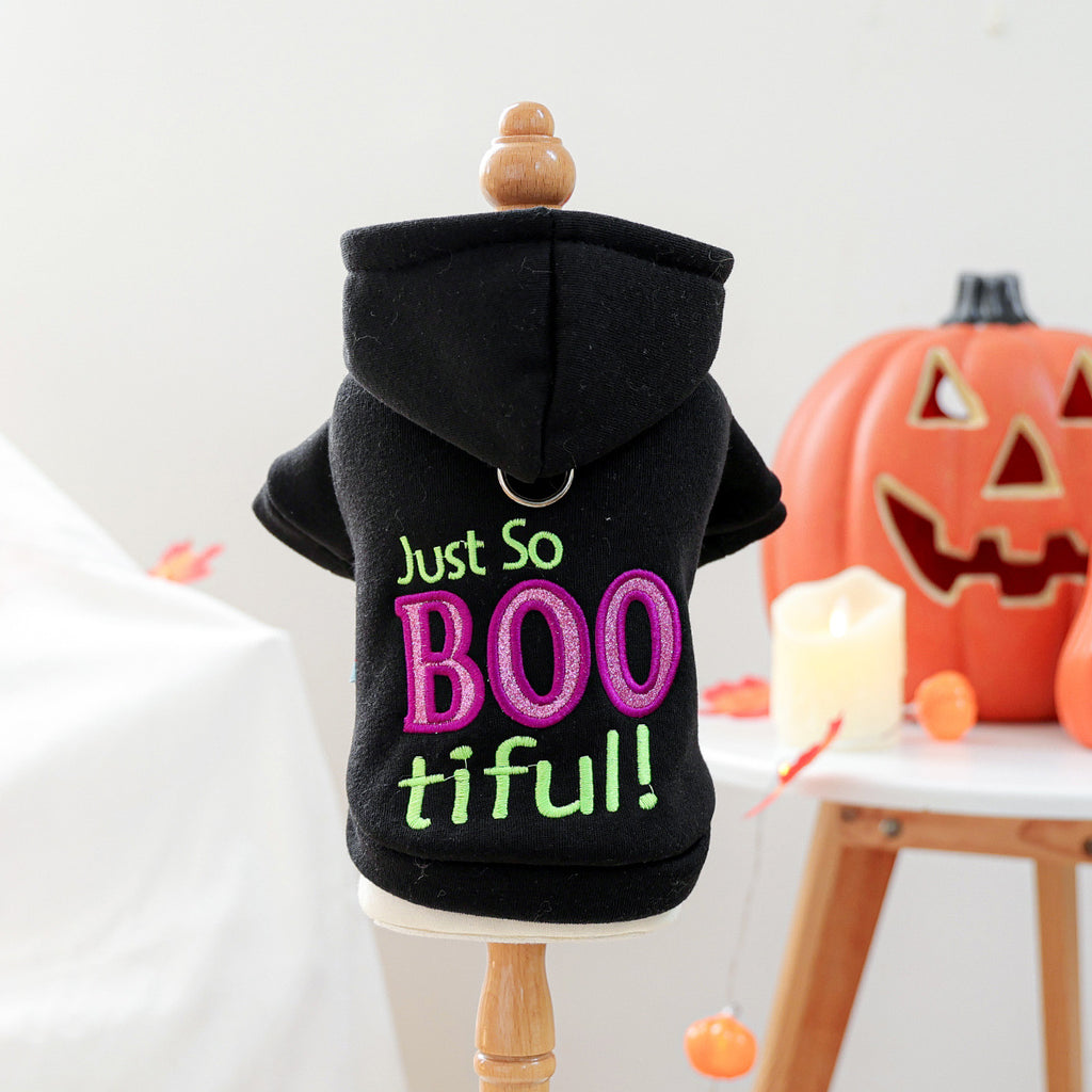Pet hoodie for small dogs and cats, black Halloween-themed design with neon green and purple Just So BOO tiful embroidery
