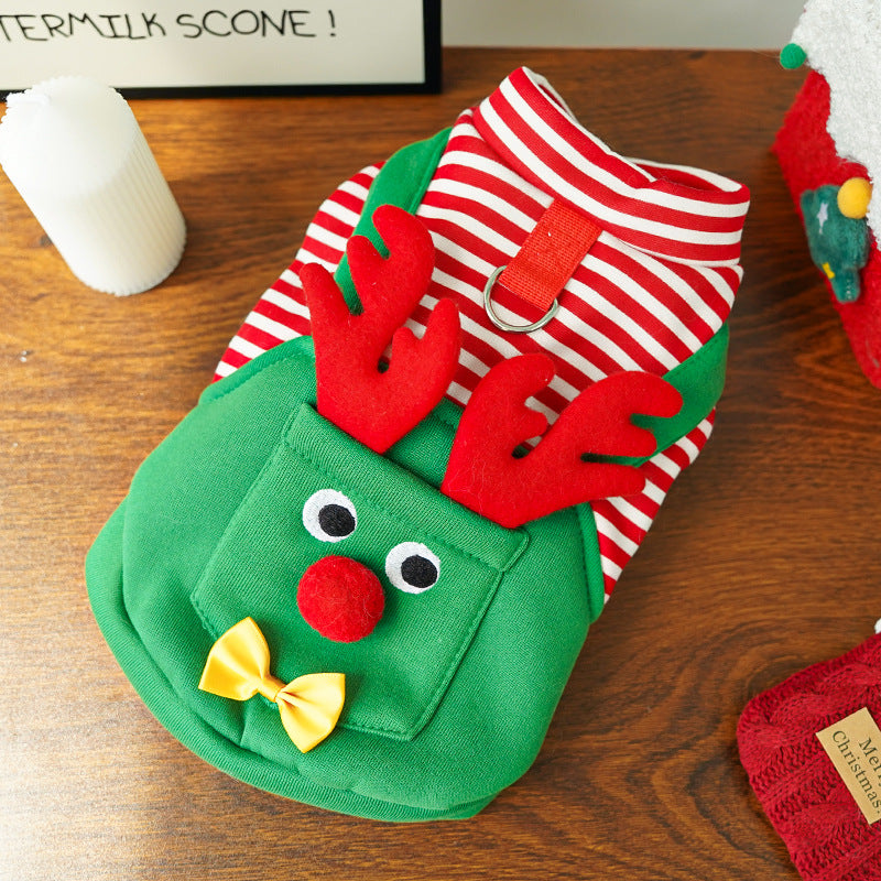 Festive pet reindeer costume in green with red antlers, striped red-and-white sleeves, and yellow bow
