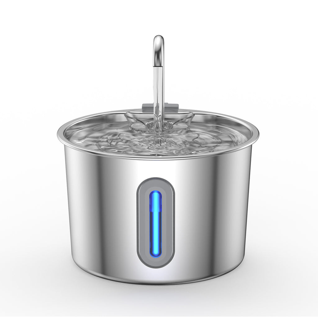 Pet water fountain, stainless steel, with automatic circulating design and blue LED indicator