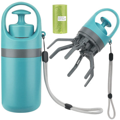 Portable turquoise pooper scooper with built-in bag dispenser and bag roll; two-angle view