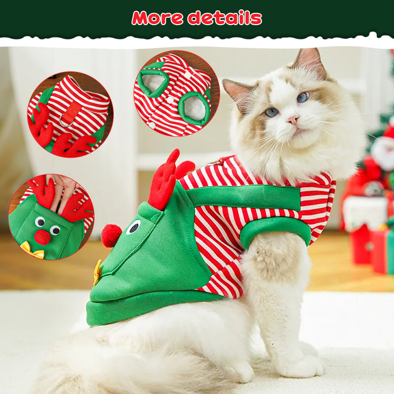 Festive pet coat by eprolo: green reindeer costume with red striped top for dogs and cats