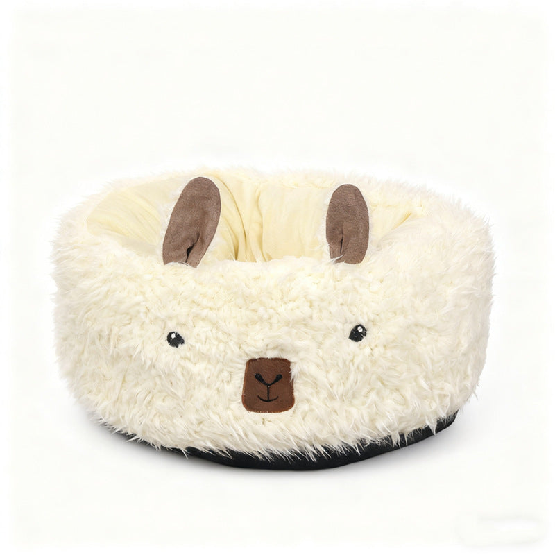 Dog bed cream fluffy plush with bear-face detail, round half-enclosed nest for pets