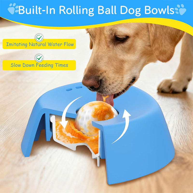 eprolo blue anti-choke slow feeder dog bowl and lick mat with built-in rolling ball, 3/4 cup capacity