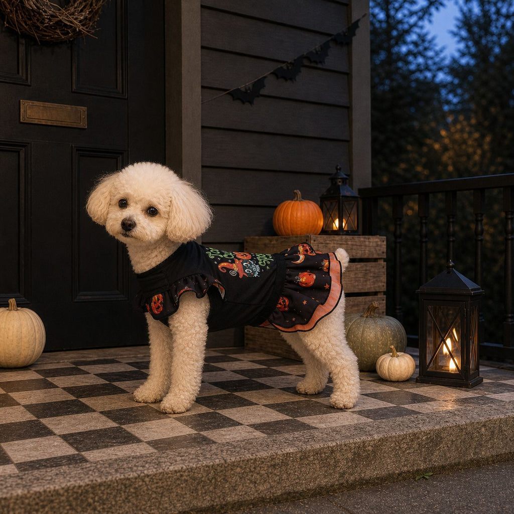 Dog Halloween costume for small dogs: pumpkin witch dress in black with orange trim and pumpkin prints.
