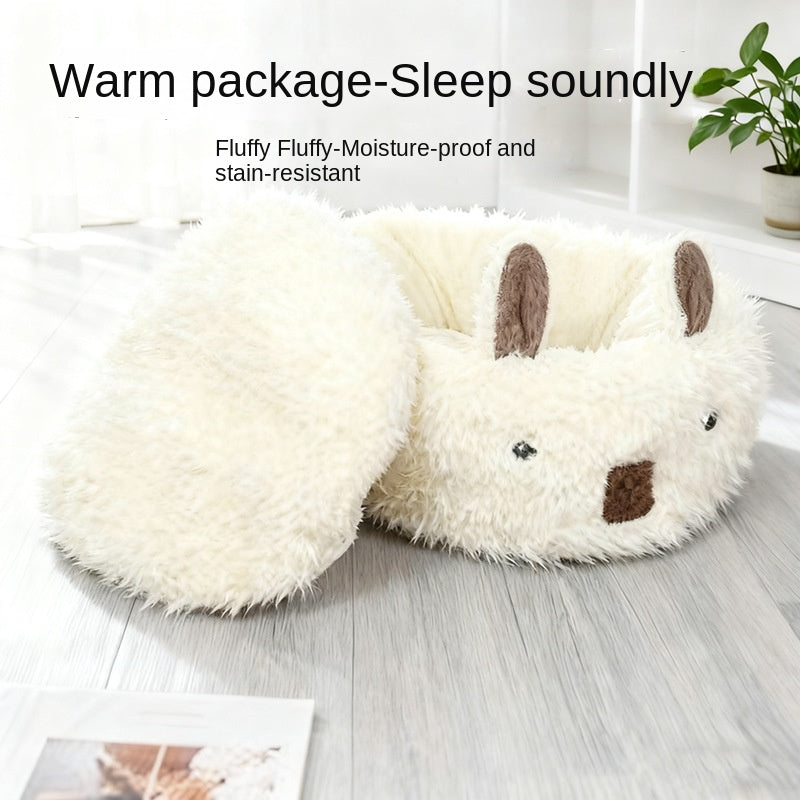 Dog bed two-piece set: cream fluffy half-enclosed nest with ears and round cushion