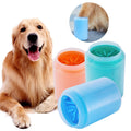Portable dog paw cleaner cup with soft silicone bristles; three pastel cups in blue, teal and orange.