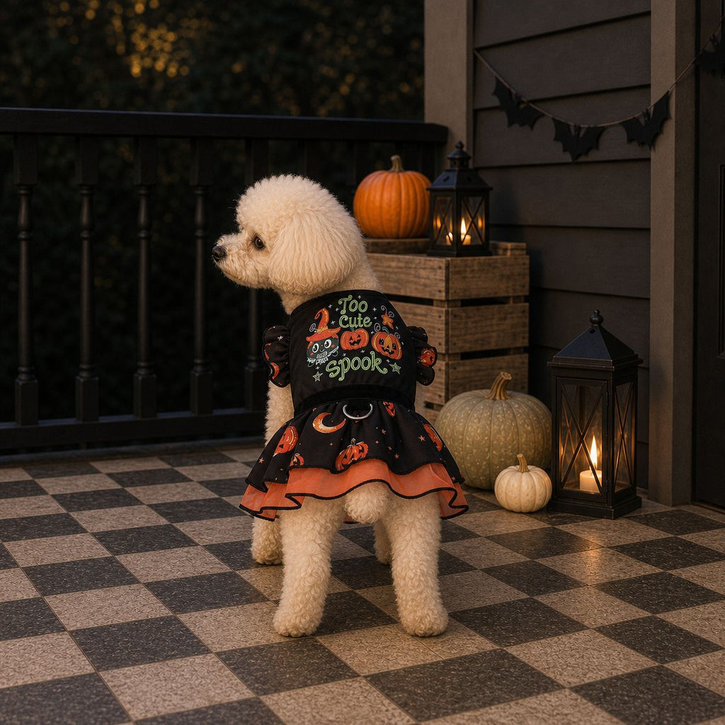 Dog Halloween costume for small dogs with pumpkin witch print and orange-trim skirt, by eprolo