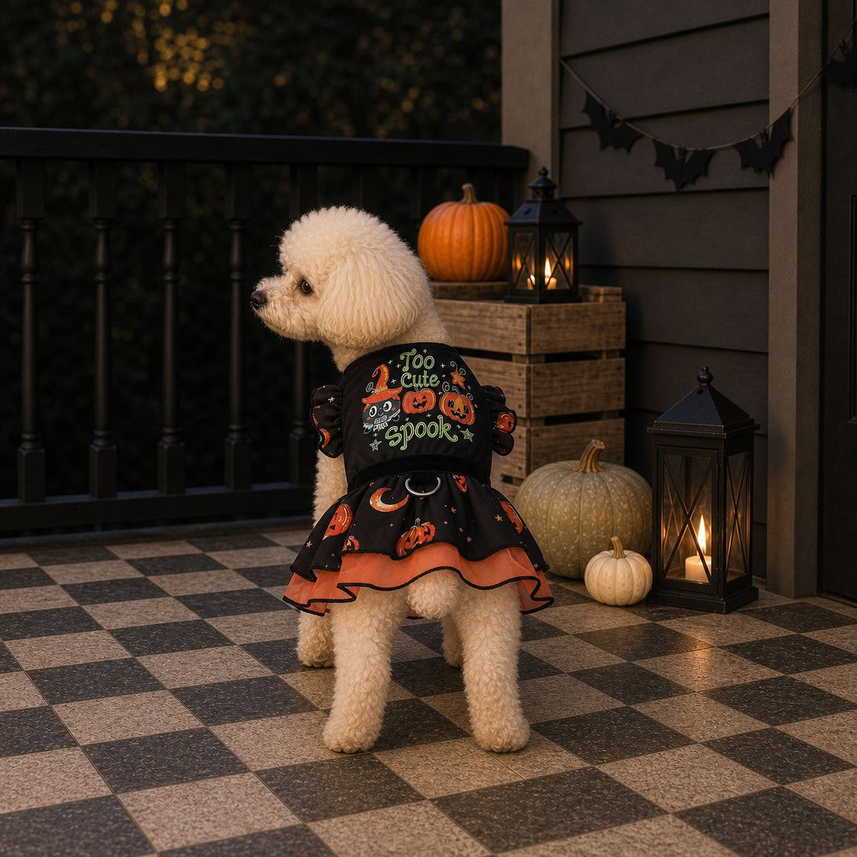 Dog Halloween costume for small dogs with pumpkin witch print and orange-trim skirt, by eprolo