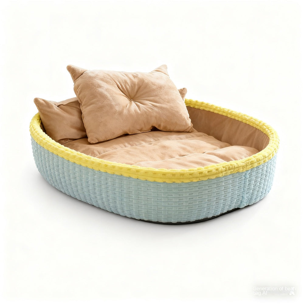 Dog house bed, half-enclosed oval with beige cushions and light blue woven exterior
