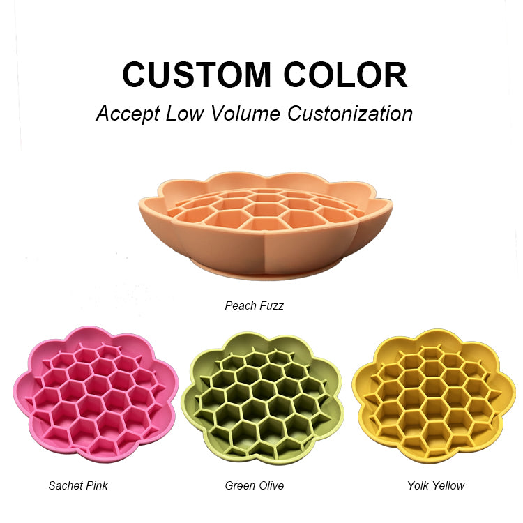 Flower-shaped silicone dog bowls, slow feeder; five bowls shown in Peach Fuzz, Sachet Pink, Green Olive, Yolk Yellow