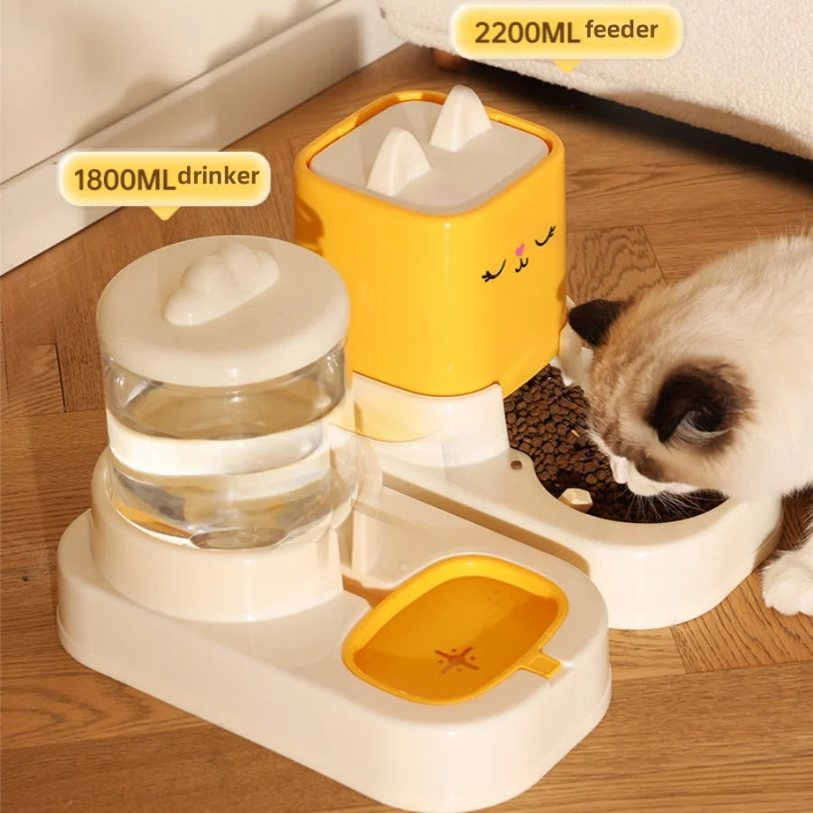Automatic pet feeder and water dispenser, white and yellow plastic with 2200ML feeder and 1800ML drinker