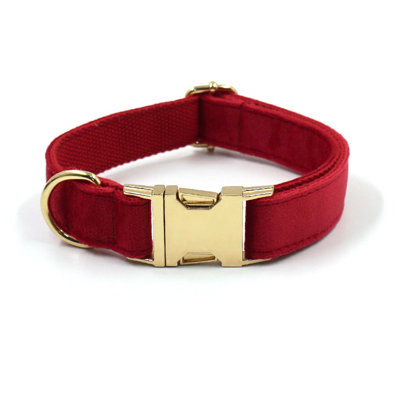 Red Velvet Christmas Dog Collar with Gold Buckle, Leash & Bow Set
