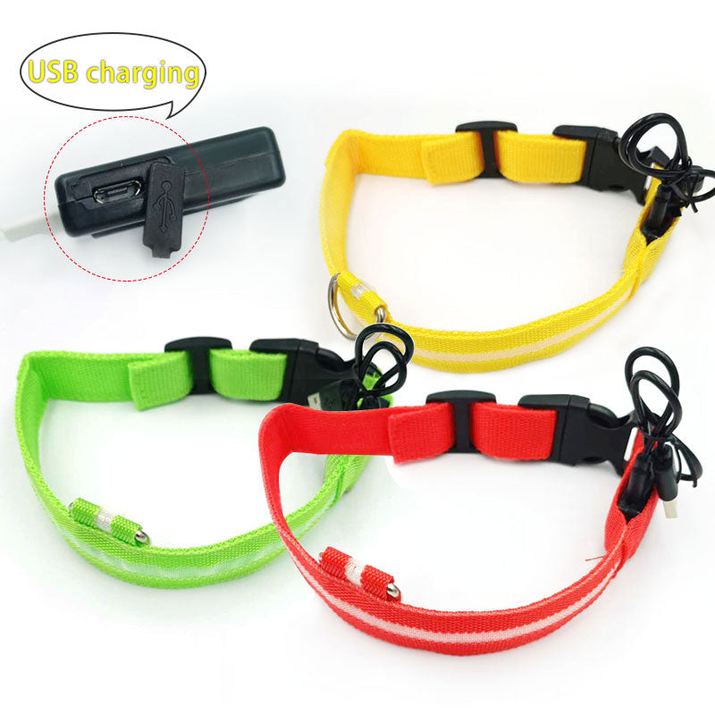 LED glow dog collar set of 3; rechargeable USB, mesh fabric, colors yellow, green, red.