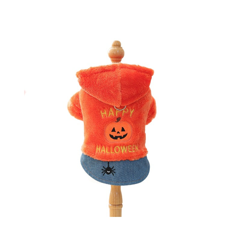 Pet pumpkin hoodie for small dogs and cats; orange plush with jack-o-lantern and blue denim bottom.