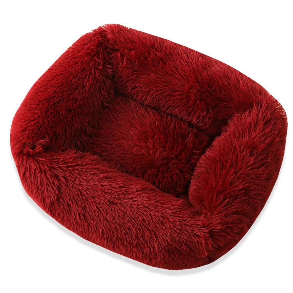 Square red plush dog bed; ultra-soft, warm winter mat for dogs and cats