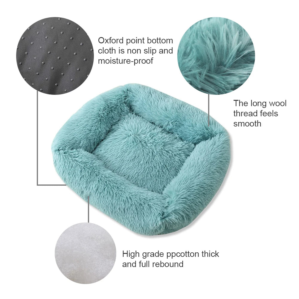Square dog bed in teal plush fur for dogs and cats with thick PP cotton fill and non-slip bottom