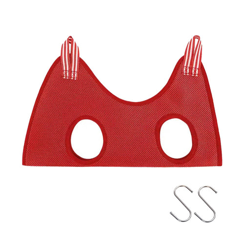 Cat Grooming Restraint Bag with Hammock in red, with two leg holes and two S-shaped hooks
