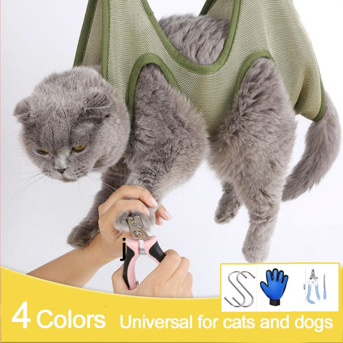 Cat grooming restraint bag with hammock by Yellow Pandora, green mesh