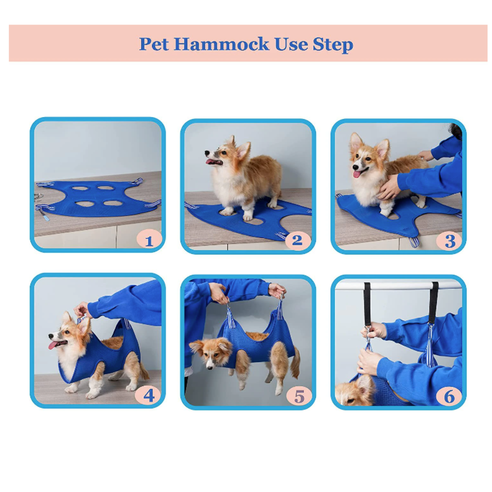 Cat grooming restraint bag with hammock, blue, showing six-step setup images
