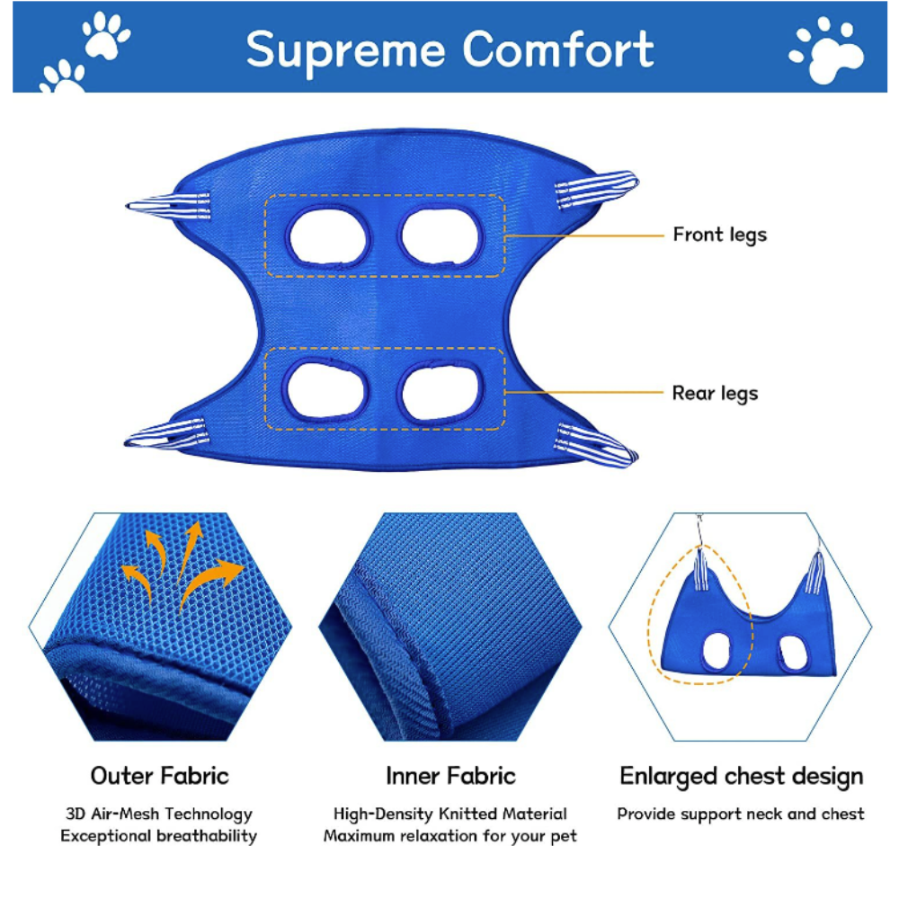 Cat Grooming Restraint Bag with Hammock by Yellow Pandora, blue outer 3D air-mesh with inner knit fabric.