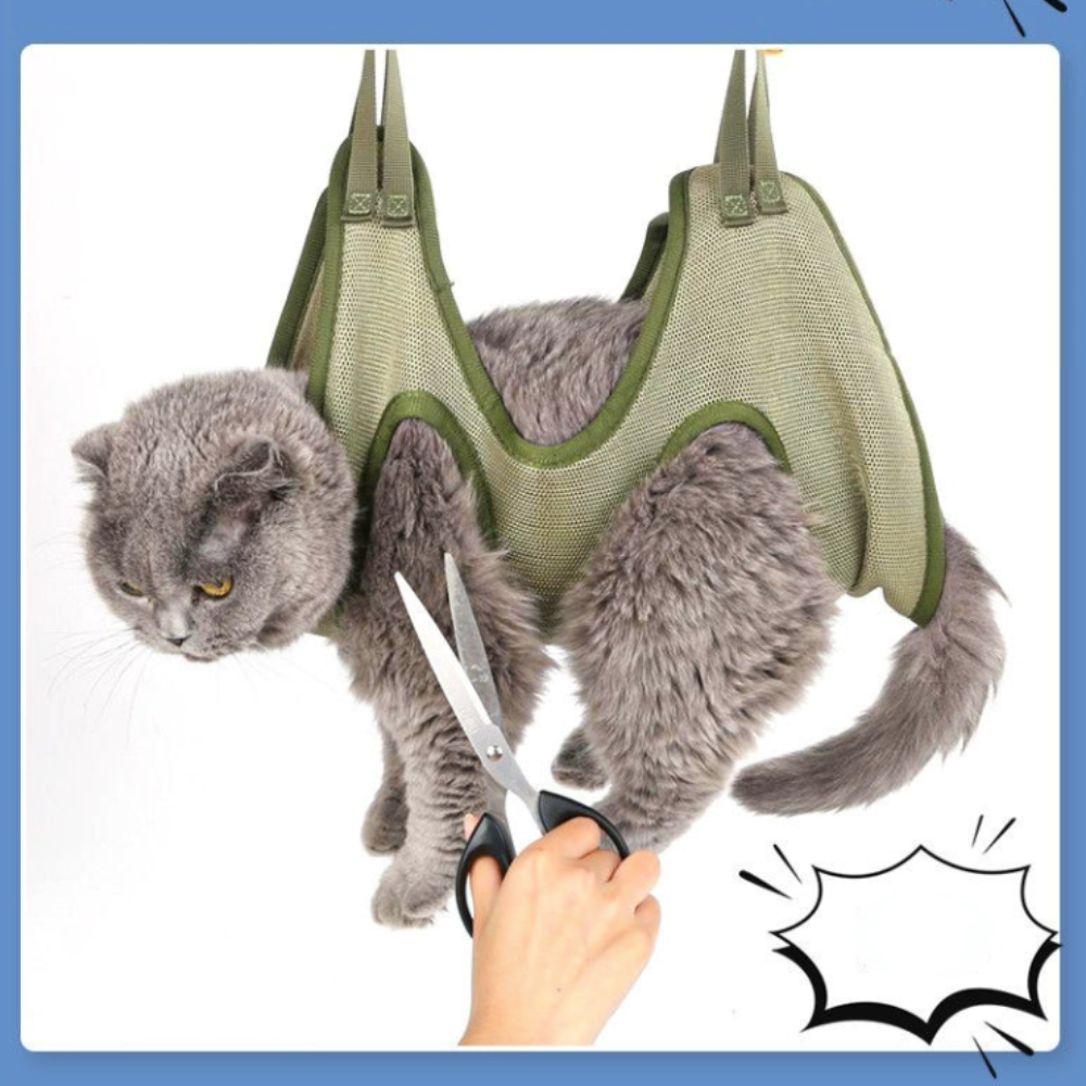 Cat grooming restraint bag with hammock in green mesh by Yellow Pandora