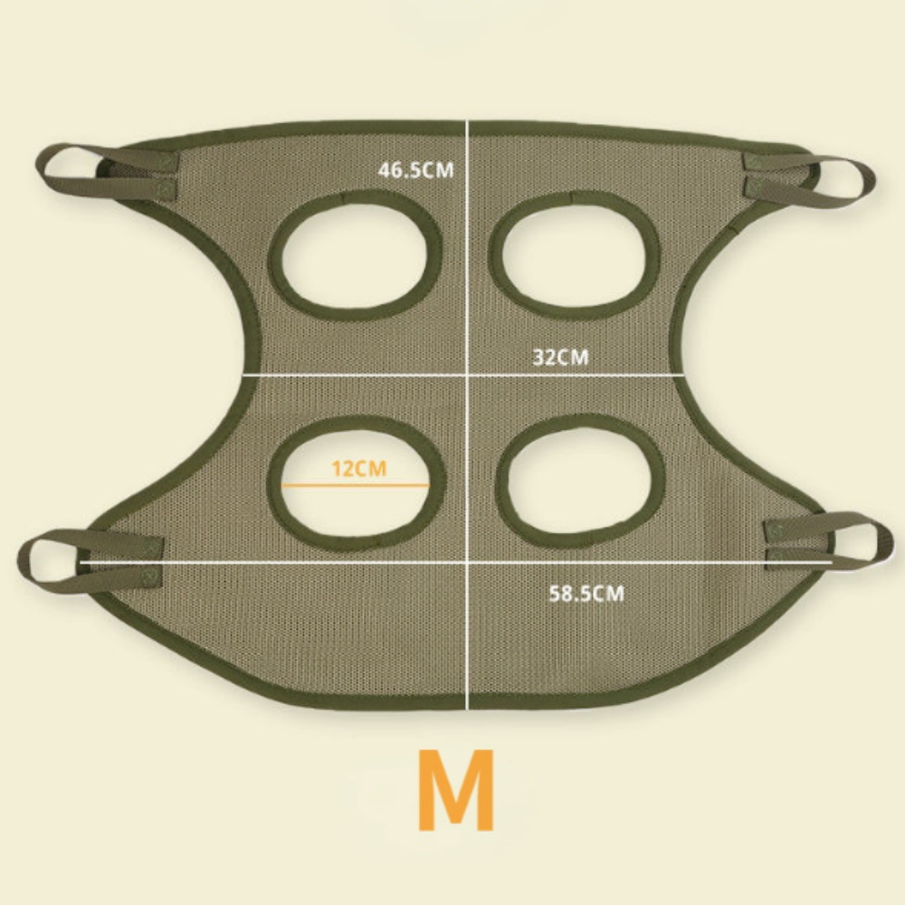 Cat grooming restraint bag with hammock in olive green mesh, size M, four paw openings.