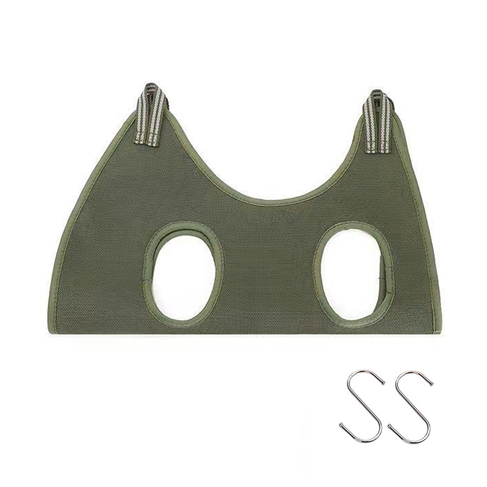 Cat grooming restraint bag with hammock, size SS, olive green mesh fabric; includes 2 metal S-hooks.
