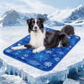 Self-cooling gel mat for dogs and cats, blue with white snowflake pattern on an icy background