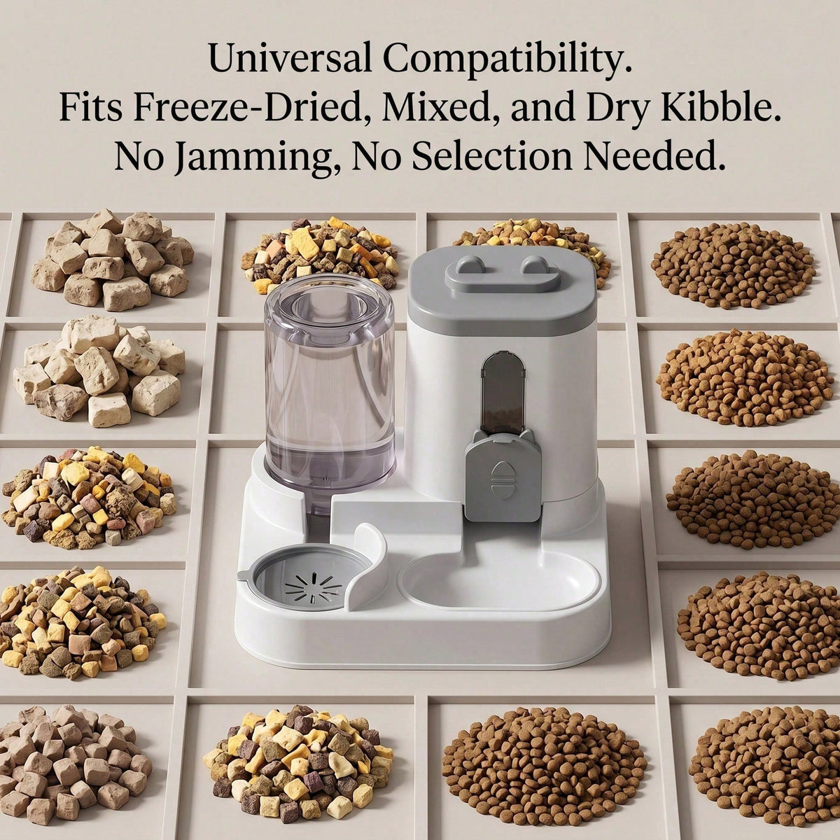 Feeder works with dry, freeze-dried and mixed food