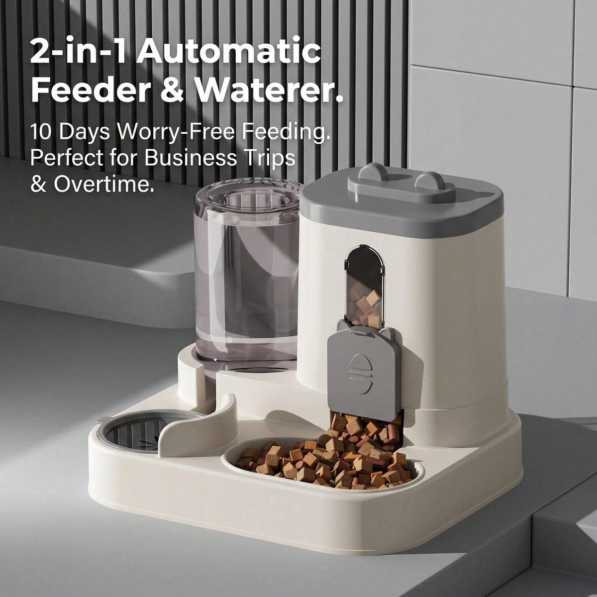 2-in-1 gravity pet feeder and water dispenser, white and gray