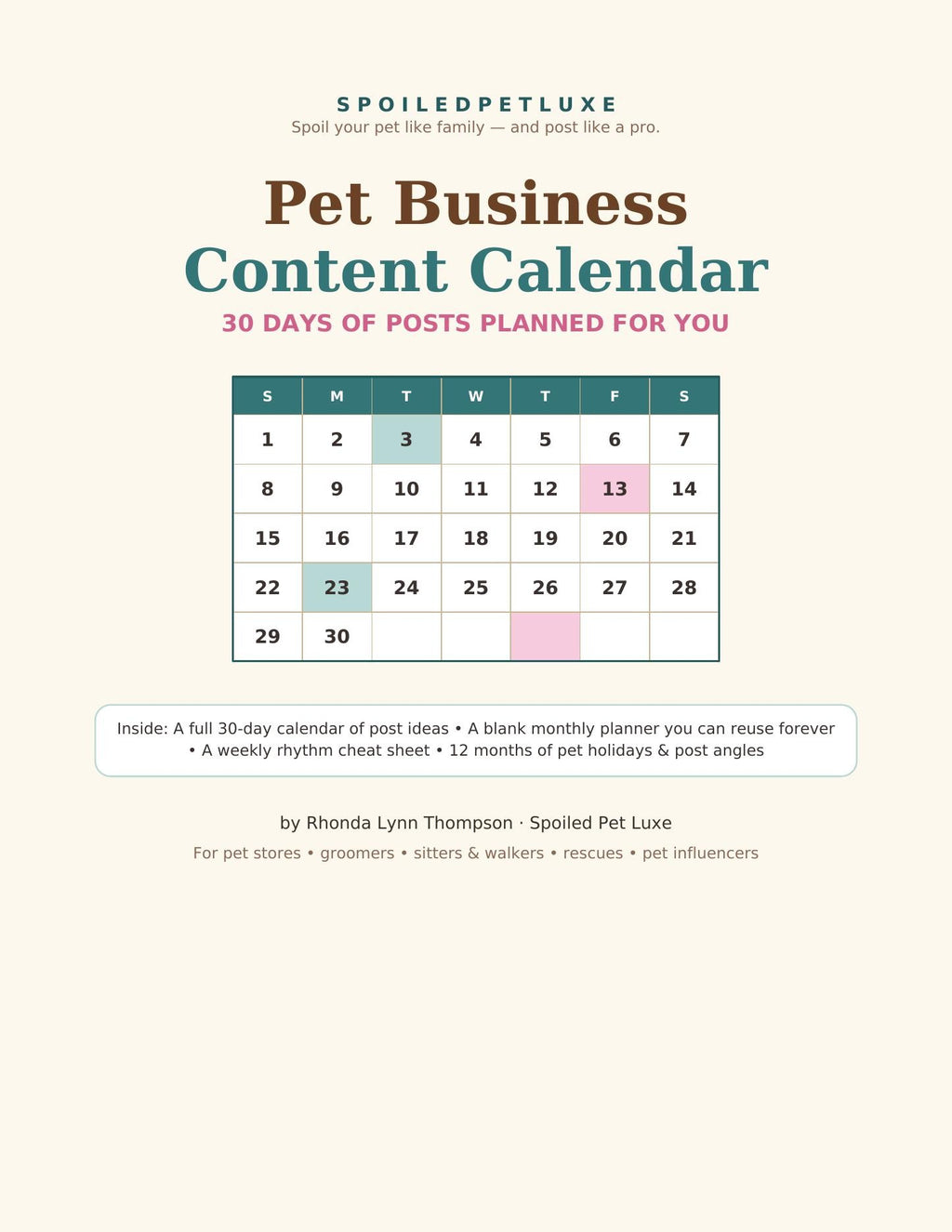 Pet Business Content Calendar cover — 30 days of posts planned for you