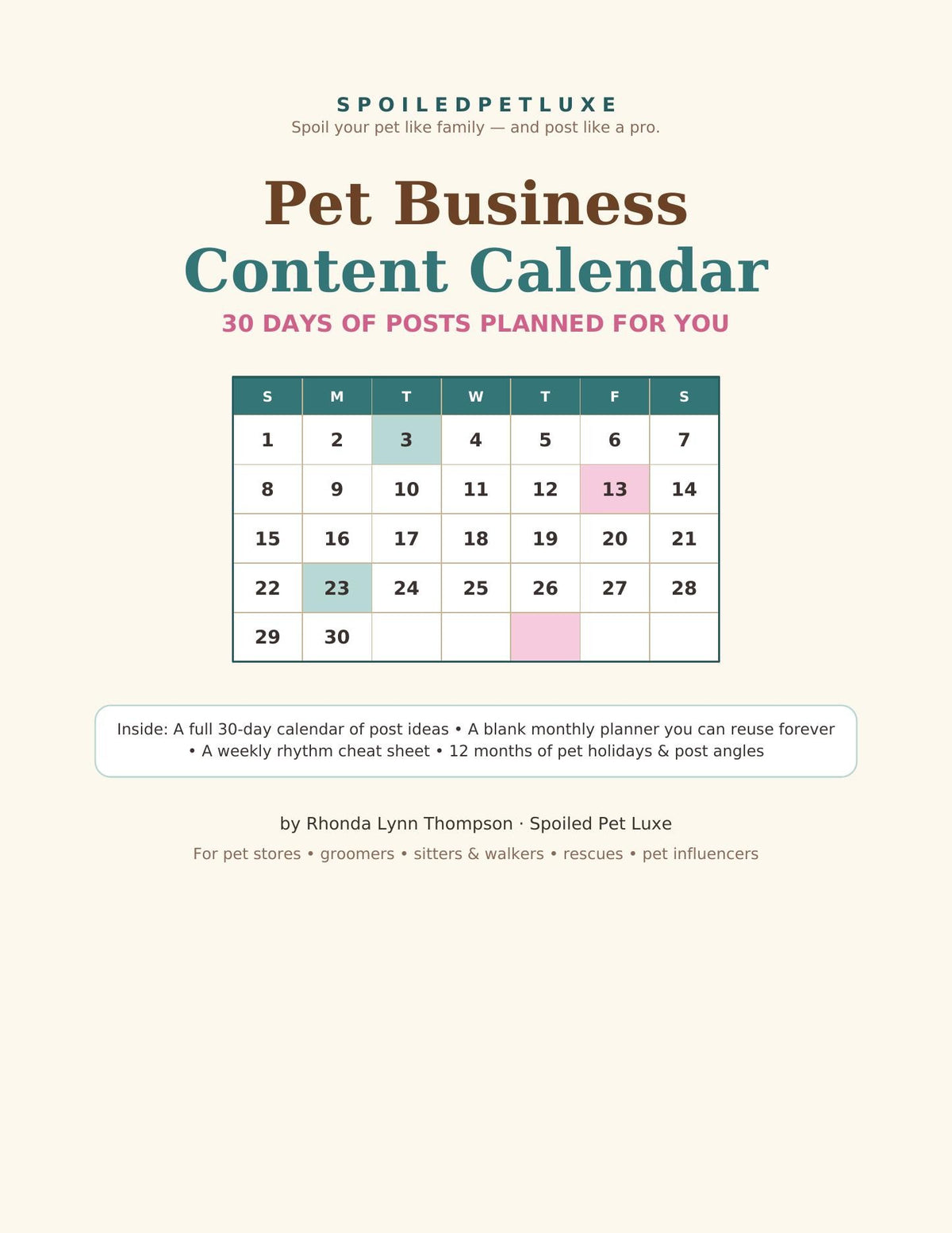 Pet Business Content Calendar cover — 30 days of posts planned for you