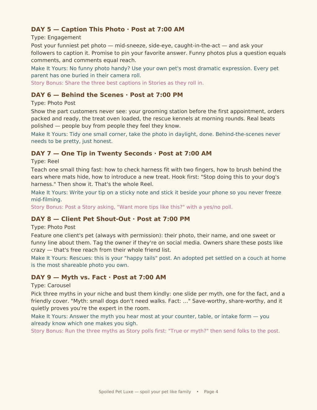 Inside the Pet Business Content Calendar — sample calendar days