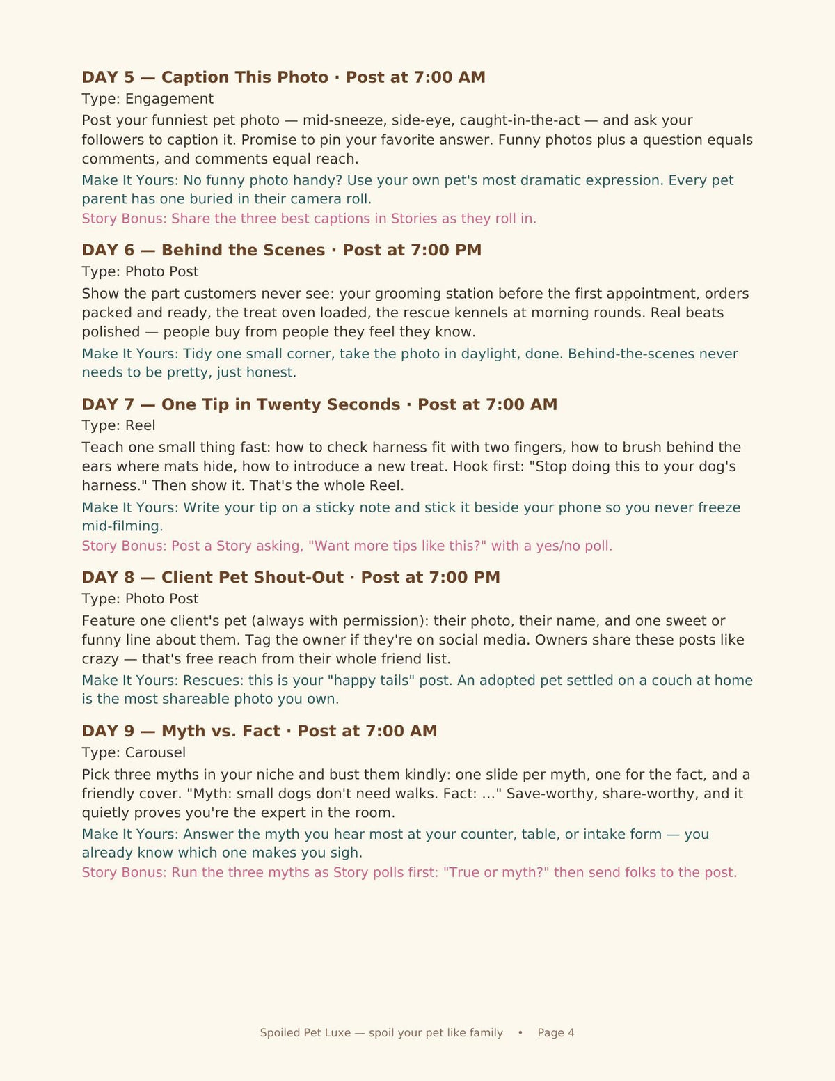 Inside the Pet Business Content Calendar — sample calendar days